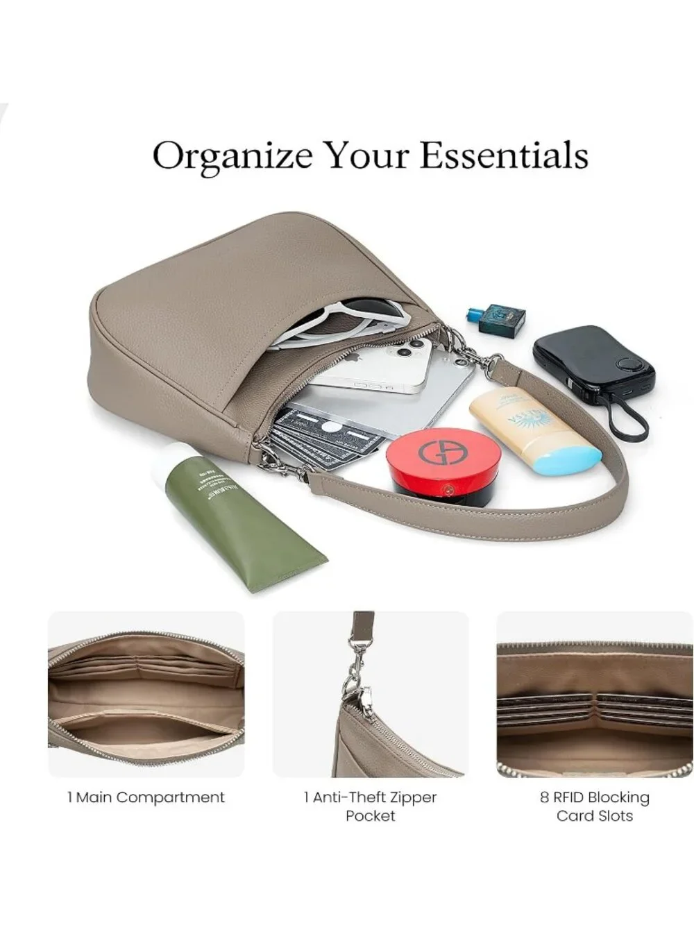 Women's Taupe Grey Genuine Leather Anti Theft Trendy Purse with RFID Handbags